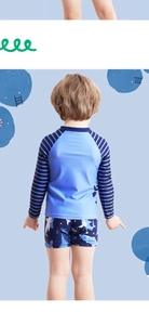 Back view of boys long sleeve shark print swimsuit with navy stripes detail