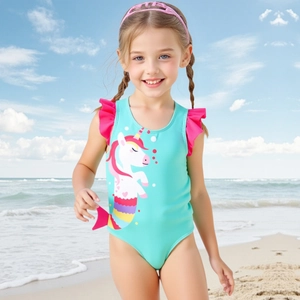 Costume da Bagno Intero da Ragazza Cartone Animato Unicorno Sirena Spalla con Volant Costumi da Bagno per Bambini Senza Maniche per Spiaggia Piscina