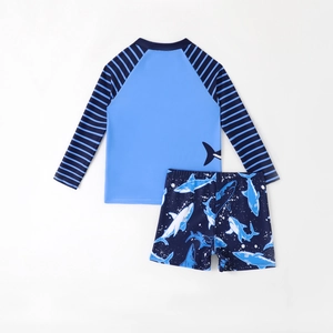 Blue shark graffiti long sleeve kids swimwear set with striped sleeves and swimming shorts