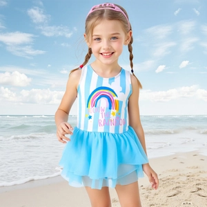 Girls One-Piece Swimsuit Striped Rainbow Printed Mesh Tutu Skirt Swimwear Sleeveless Ruffle Fly Sleeve Beachwear For Kids