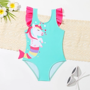 Costume intero bambina verde menta con stampa unicorno, volant e accessori estivi