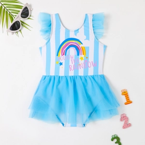 Girls one-piece rainbow striped swimsuit with tutu skirt and mesh ruffle sleeves