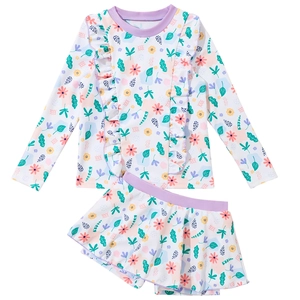 Maillot de bain deux pièces floral à manches longues pour filles avec volants et protection