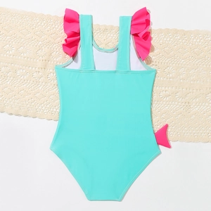 Costume intero bambina verde menta con volant rosa e dettaglio unicorno su pizzo bianco