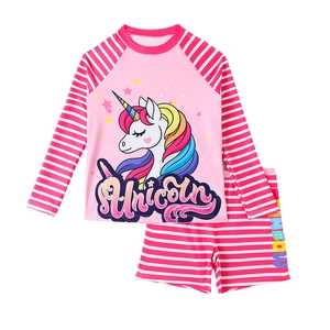 Maillot de bain deux pièces rose pour fille avec licorne et manches longues rayées