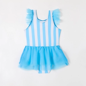 Girls striped one-piece swimsuit with rainbow patterns and light blue mesh tutu skirt