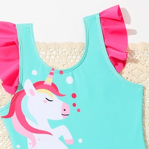 Girls mint green unicorn swimsuit with pink ruffle straps for summer swimming