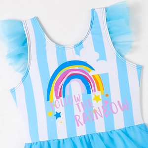Girl's one-piece swimsuit with blue stripes, rainbow print and blue tulle ruffles
