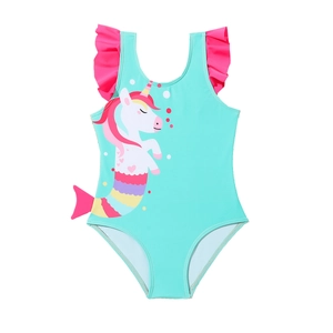 Costume da bagno intero bambina unicorno sirena con spalline a balze e coda di pesce rosa