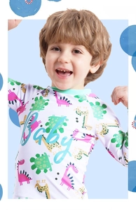 Detail of baby boys long sleeve swimwear with colorful cartoon dinosaur and turtle prints