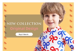 Close-up of boys long-sleeve rash guard with vibrant red and blue bow tie prints