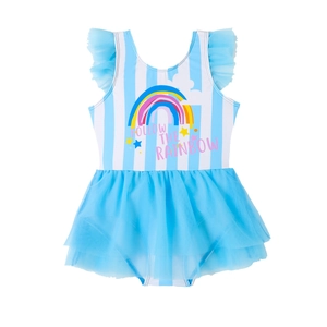 Girl's blue striped one-piece swimsuit with rainbow print and tulle skirt detail