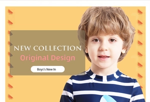Detail of boys striped blue and white swimwear with shark print on bright yellow background