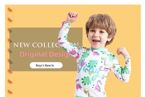 Detail view of boys' long sleeve swimsuit featuring colorful cartoon animal patterns