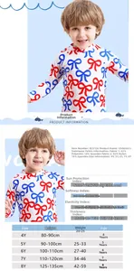 Size chart for boys long sleeve printed swimsuit showing age, height, and weight guide