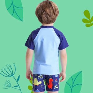 Three-piece boys dinosaur print swimwear set with short sleeves and elastic trunks