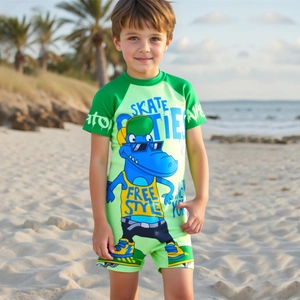 Boys One-Piece Swimsuit Short Sleeve Crocodile Cartoon Rash Guard Sun Protection UPF50 Plus Zipper Back Green Swimwear With Swim Cap