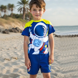 Boys Astronaut Print Swimsuit Top And Pants And Hat Sun Protection Quick Dry Cartoon Space Kids Swimwear Blue