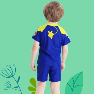 Two-piece boys' swimwear set featuring a dark blue short-sleeve top and swim shorts