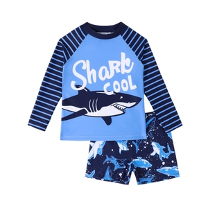 Boy's two-piece shark print long sleeve swimwear with striped sleeves and trunks