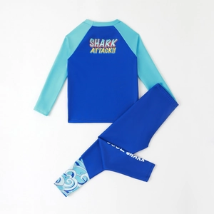 Kids long sleeve two-piece shark print swimsuit with blue sun protection swim shirt and pants
