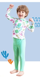 Detail view of boys' long-sleeve rash guard set with colorful dinosaur prints and green pants