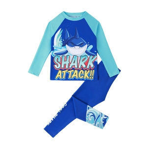 Two-piece boys long sleeve shark print swimsuit with navy blue top and leggings
