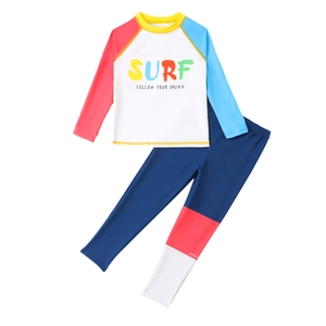 Kinder Langarm zweiteiliger UV-Schutz-Schwimmanzug mit Surf-Print und farbiger Hose