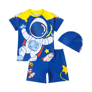 Three-piece boys' swimwear set with astronaut print, short sleeves and swimming cap