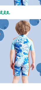 Detail view of boys' dinosaur print swimsuit showing the back zipper and blue-orange fabric