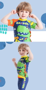 Detail of boys' short sleeve dinosaur print swimsuit with 3D spine and DRIVER logo