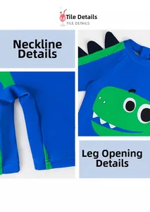 Detail view of the dinosaur print, neckline and stitching on boys' one-piece swimwear