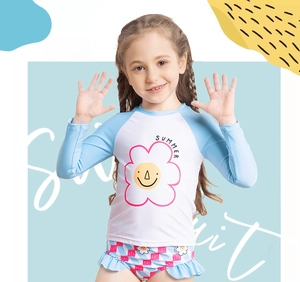 Detail of girls floral long sleeve swimsuit with ruffle checkerboard swim bottoms