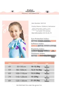 Size chart and fabric details for girls two-piece long sleeve sun protection swimsuit