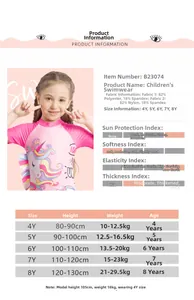 Detailed chart of girls' unicorn swimsuit showing size guide and fabric composition