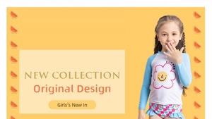 Detail of girls' long-sleeve sun protection swimwear with floral pattern and summer print