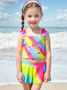 Regenbogenfarbener Kinder-Badeanzug mit Einhornmotiv am Strand im Detail