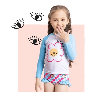 Detail of long sleeve two-piece girls' floral swimsuit with summer flower print