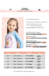 Detailed size chart and fabric guide for girls' floral long sleeve sun protection swimwear