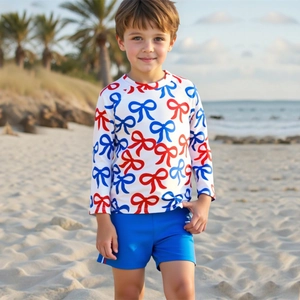 Boys Long Sleeve Rash Guard Swimwear Top And Pants Bow Print Sun Protection UPF 50+ For Kids