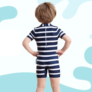 Boy's one-piece striped shark swimwear with short sleeves and back zipper closure