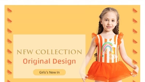 Close-up of girls' striped swimwear with rainbow print and orange mesh tutu skirt detail