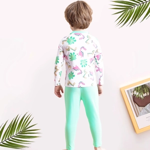 Kids long sleeve dinosaur print swimwear set with sun protection and mint green pants