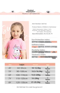 Detailed size chart for girls' unicorn swimwear with height and weight recommendations