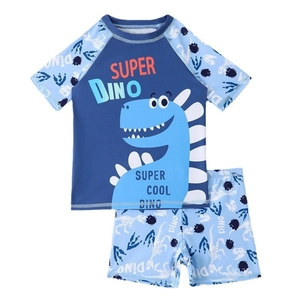 Kinder Zweiteiliger Badeanzug mit kurzen Ärmeln und blauem Cartoon-Dinosaurier-Print in Dunkelblau