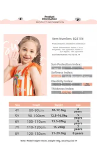 Size guide for girls' rainbow striped swimwear with height and weight specifications