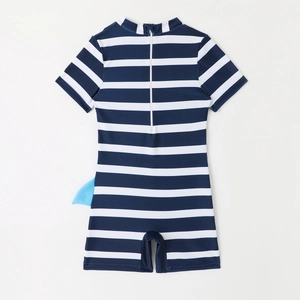 Boys short sleeve striped shark swimsuit with a blue shark fin and back zipper detail
