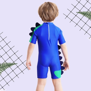 Boys one-piece dinosaur swimsuit with 3D spine detail and back zipper in dark blue