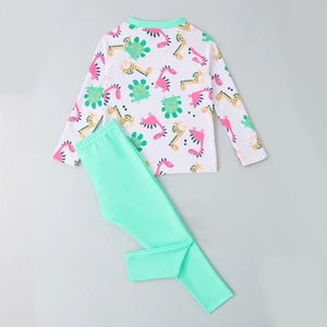 Kids long sleeve swimwear set featuring colorful dinosaur print and mint green long pants