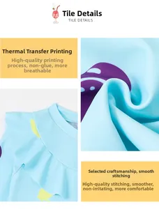 Close-up of kids swimwear featuring thermal transfer prints and smooth flatlock seams